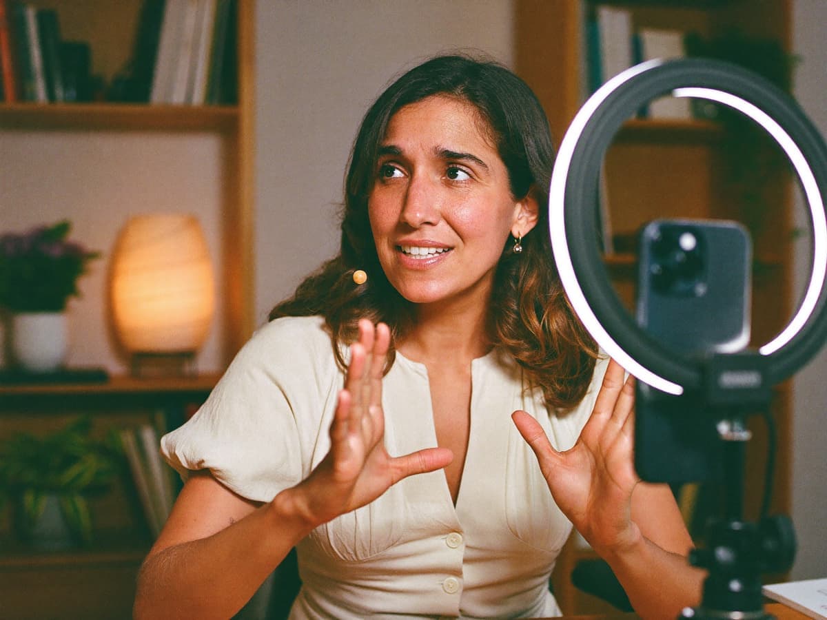 Maestra de idiomas da una clase en vivo frente a su teléfono y su aro de luz
